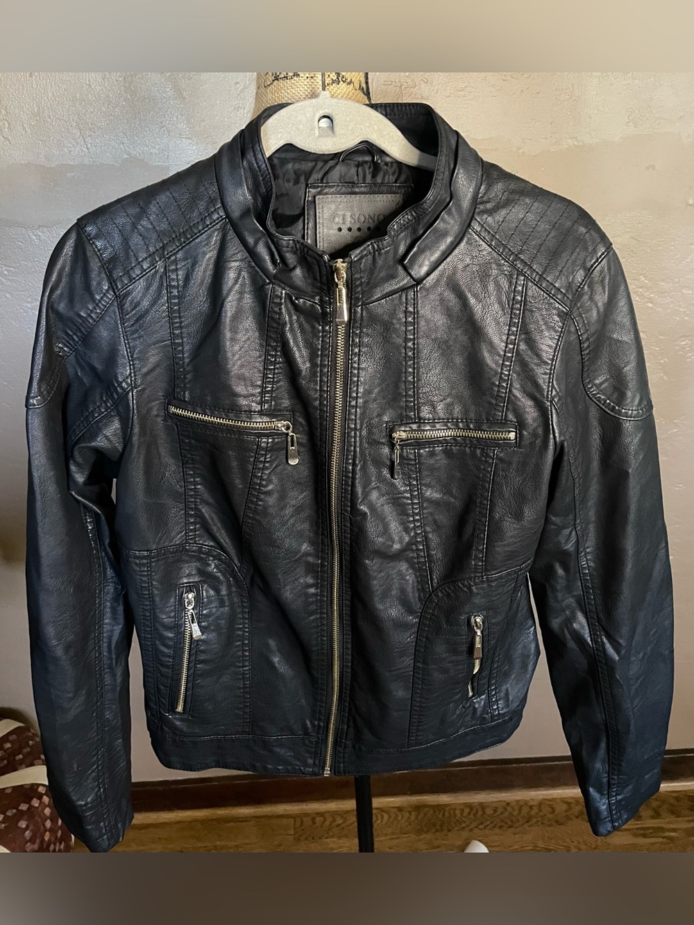 Ci Sono Black Faux Leather Moto Lined Jacket with silver zipper detailing Large